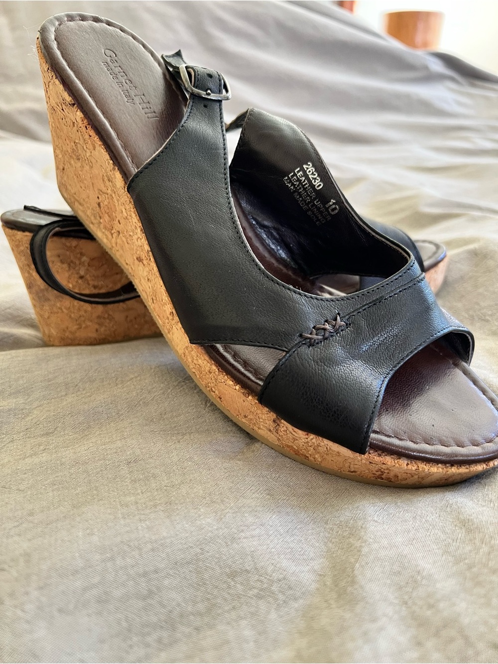 Comfortiva Black Leather Cork Wedge Slide Sandals